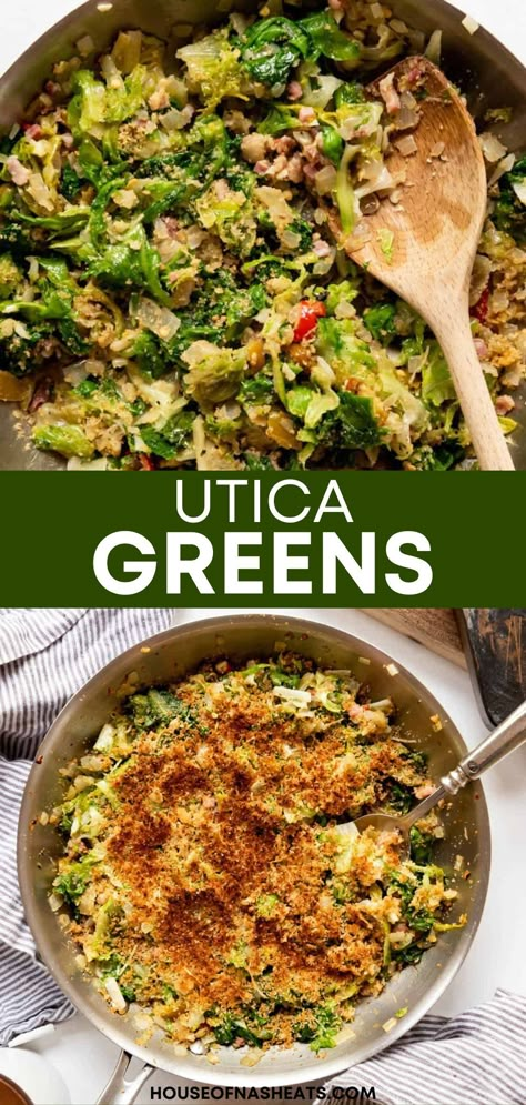 Utica Greens is a beloved dish from the heart of Central New York made with fresh, leafy escarole, savory veggies, hot cherry peppers, slices of prosciutto, and parmesan cheese, with a comforting bread crumb topping! | utica greens recipe easy | best utica greens recipe Utica Greens Recipe, Utica Greens, Bread Crumb Topping, Cherry Peppers, Greens Recipes, Crockpot Roast Recipes, New York Eats, Cannoli Cream, American Dinner