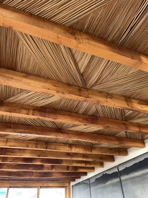 Bali Concept Interior, Bamboo Ceiling Restaurant, Bali Ceiling Design, Bamboo Ceiling Ideas, Rustic Ceiling Design, Straw Ceiling, Live Roof, Boho Ceiling, Architecture Ceiling