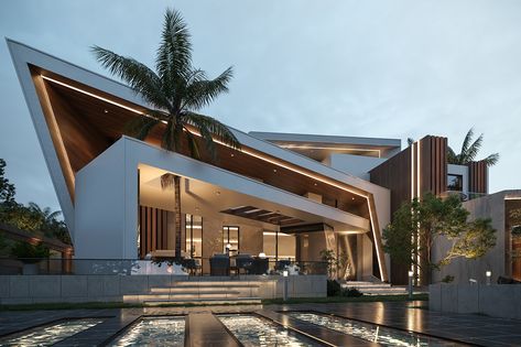 Deconstructed Modern Villa on Behance Modern Villa Exterior, Luxury Villa Design, Luxury Exterior, Architecture Drawing Plan, Best Modern House Design, Modern House Facades, Architecture Model House, Architecture Building Design, Modern Villa