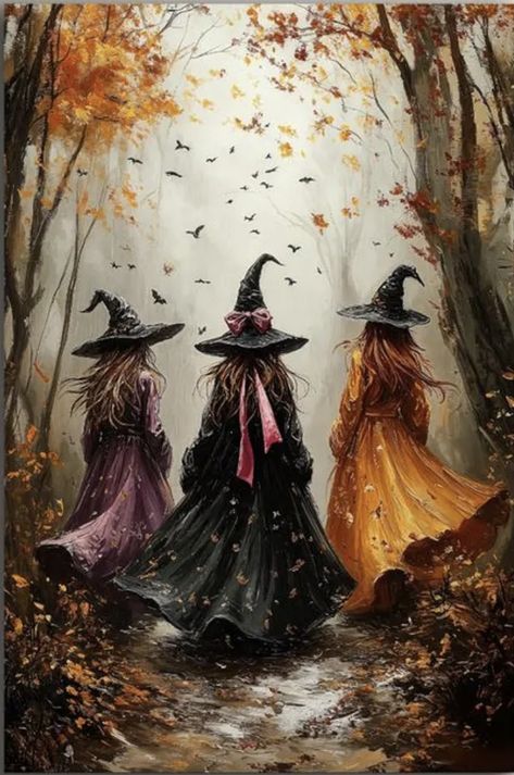 Witch Pictures Halloween, Spooky Images Halloween Art, Fall Witch Aesthetic Wallpaper, Witchy Woman Art, Autumn Magic Witch, 3 Witches Holding Hands, Autumn Witch Art, Halloween Fall Pictures, Samhain Wallpaper