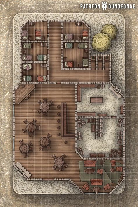 Tavern Maps Dnd, Inn Dnd Map, Bar Battlemap, D&d Tavern Map, Dnd House Map, Dnd Tavern Map, Tavern Battlemap, Medieval Notebook, Taverna Medieval