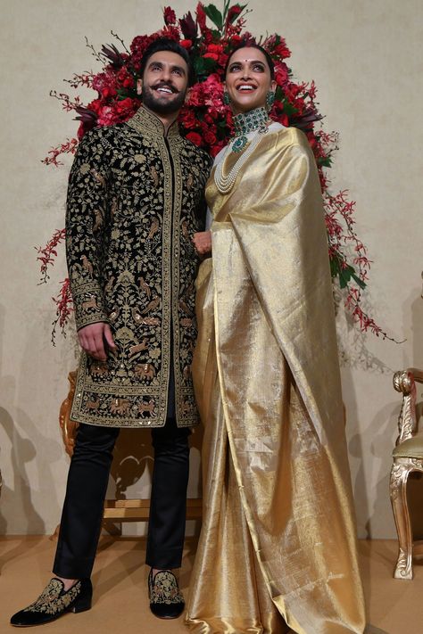 Deepika Wedding, Reception Saree, Groom Dress Men, Wedding Dresses Men Indian, Reception Outfit, Deepika Padukone Style, Couple Fashion, Indian Bride Outfits, Wedding Outfit Men