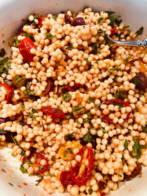 Pearl Couscous With Olives And Roasted Tomatoes, Roasted Tomatoes And Garlic, Pearl Couscous Recipes, Making Couscous, Gourmet Magazine, Pearl Couscous, Couscous Recipes, Bacon Tomato, Cous Cous