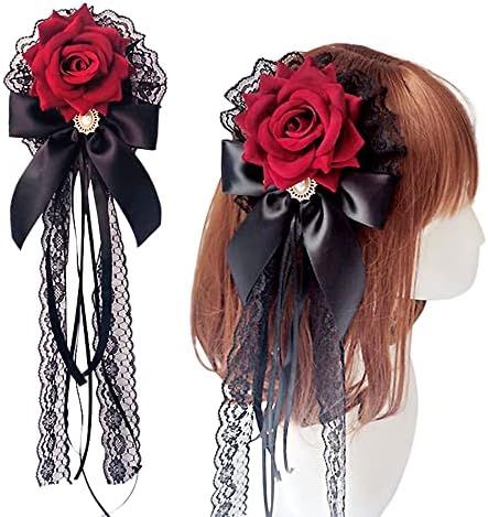 Black Hair Red Ribbon, Halloween Cosplay Women, Gothic Hair Accessories For Halloween Cosplay, Goth Hair Pins, Adjustable Gothic Hair Accessories For Halloween, Rose Hairpin, Cosplay Hair Accessories, Goth Rose Headband, Hair Accessories Red