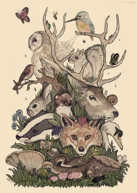 Woodland Folk by Callum Bishop Illustration Of Animals, Animal Sleeve Tattoo, Basic Tattoos, Trendy Tattoo, Sleeve Ideas, Animals And Birds, Full Sleeve Tattoos, Full Sleeve Tattoo, Sleeves Ideas