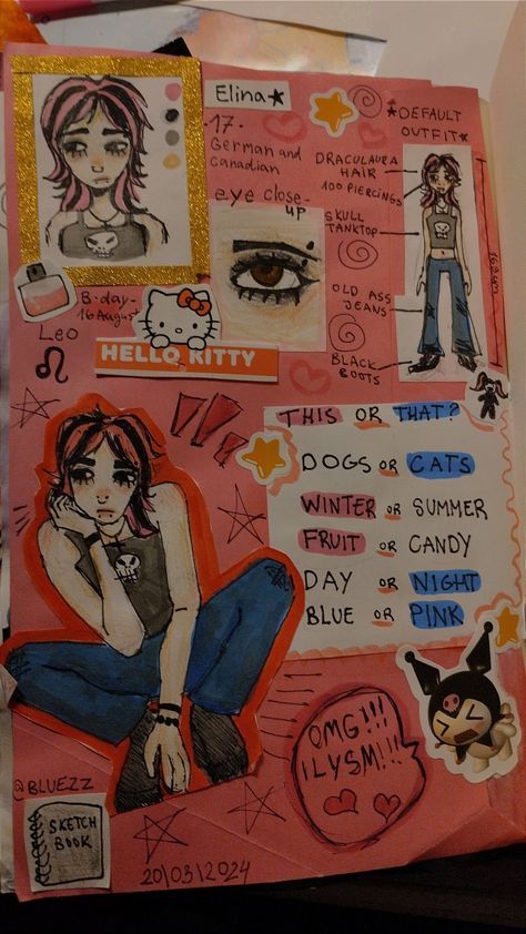 Oc Collage Drawing, Oc Book Ideas, Sketchbook Last Page Ideas, Drawing To Fill Your Sketchbook, Oc Page Ideas, Introduction Sketchbook Page, Ways To Fill Up Your Sketchbook, Introduction Page For Sketchbook, Sketchbook Pages Oc