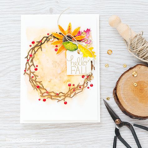 This watercolored fall wreath is inspired by the daisies in my garden bravely trying their best despite the turn in temperatures! Find out more by clicking on the following link http://limedoodledesign.com/2015/10/watercolored-fall-wreath/ Thanksgiving Cards Handmade, Doodle Design, Leaf Wreath, Doodle Designs, Thanksgiving Cards, Fall Cards, Simon Says Stamp, Simon Says, Paper Crafts Cards