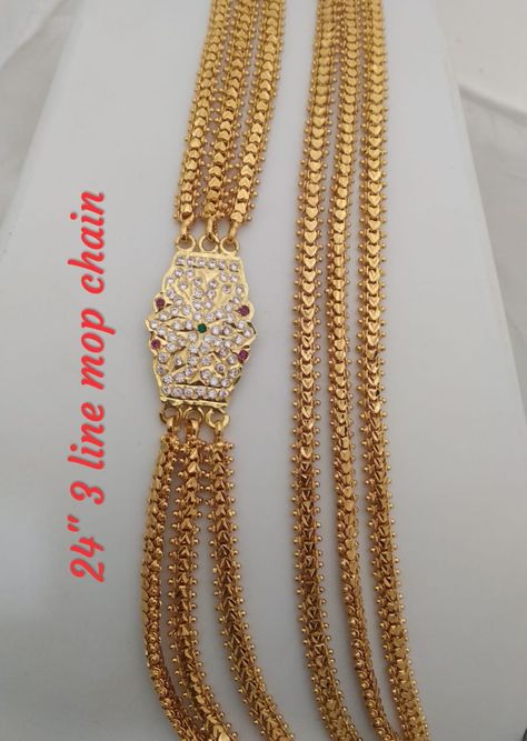 #onegramgold #temple jewelry available at Arshi's..  for bookings whatsapp on 9486115312. worldwide shipping Guthapusala Necklace, Golusu Designs, Long Gold Chain Designs For Women, Gold Chains For Women Design, Thali Chain, Temple Jewellery Earrings, Long Haram, Gold Jewels Design, Gold Temple Jewellery