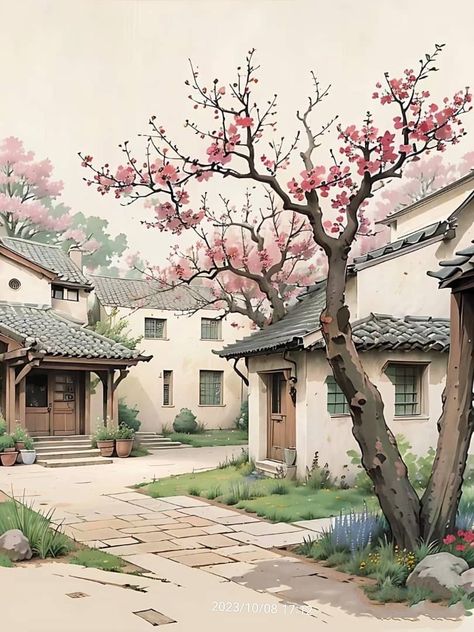 Korean Architecture Drawing, Doors Painting, Old Japanese House, Village Drawing, Anime House, Japanese Village, Pretty Cottage, Adobe Illustrator Design, Garden Watercolor