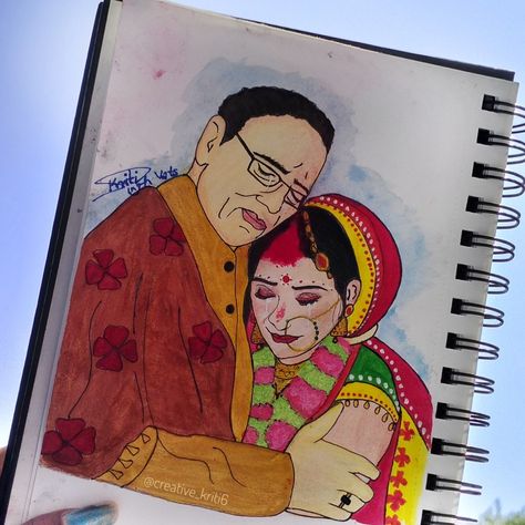 Indian culture ,vidai ceremony, marriage, shadi, watercolour painting 🖌️, Vidai Ceremony, Father Daughter Wedding, Father And Daughter Love, Wedding Painting, Indian Culture, Father Daughter, Daughter Love, Watercolour Painting, Drawings