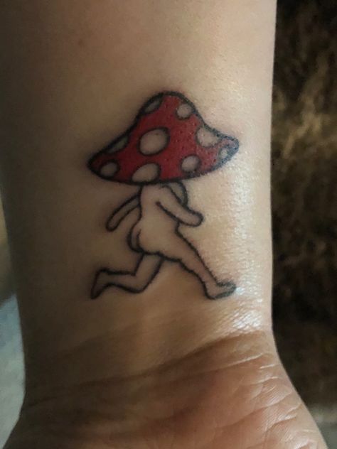 Trippy Tattoo Ideas Simple, Funky Mushroom Tattoo, Cool Beginner Tattoos, Mushroom Tattoo Whimsical, Trippy Small Tattoos, Dancing Mushroom Tattoo, Trippy Mushroom Tattoo Ideas, Funny Mushroom Tattoo, Small Tats For Men