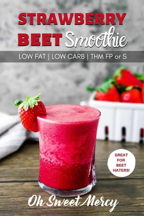 Hate beets but want their superfood benefits? Hide them in my Strawberry Beet Smoothie! Super power your regular old strawberry smoothie with the ease of powdered beets. THM FP or S, dairy free and vegan option. So good!! #thm #lowfat #lowcarb #smoothies #beets #strawberries #superfoods @ohsweetmercy Berry Beet Smoothie, Beet Powder Benefits, Milk Based Smoothies, Beet Root Powder Benefits, Beet Banana Smoothie Recipes, Beet Root Powder Smoothies, Cherry Beet Smoothie, Superfood Benefits, Beet Protein Smoothie