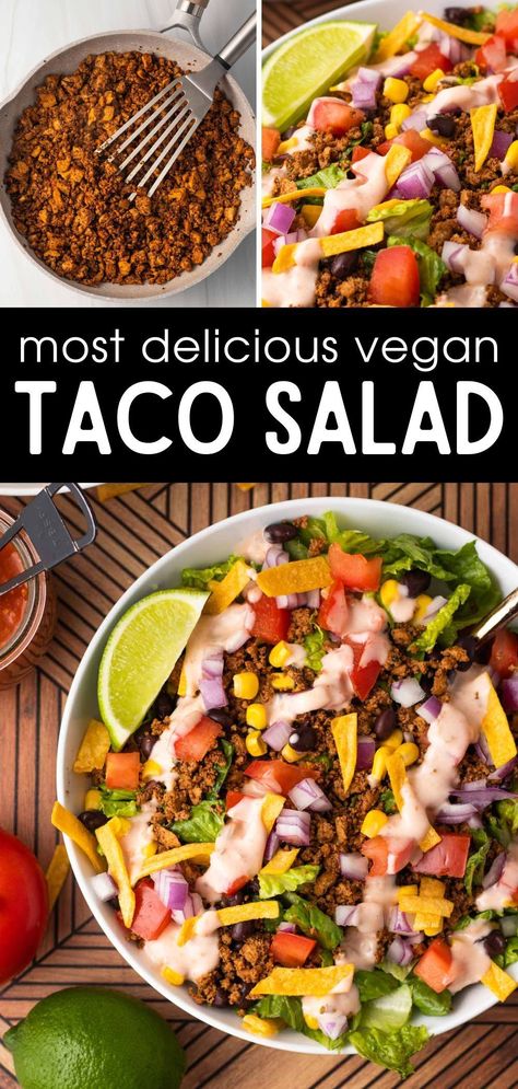 Healthy Vegan Salad Recipes, Salads With Tofu, Vegetarian Taco, Taco Salad No Meat, Tofu Taco Salad, Vegan Taco Salad Recipe, Vegetarian Taco Salad, Vegan Queso Dip, Vegan Taco Salad