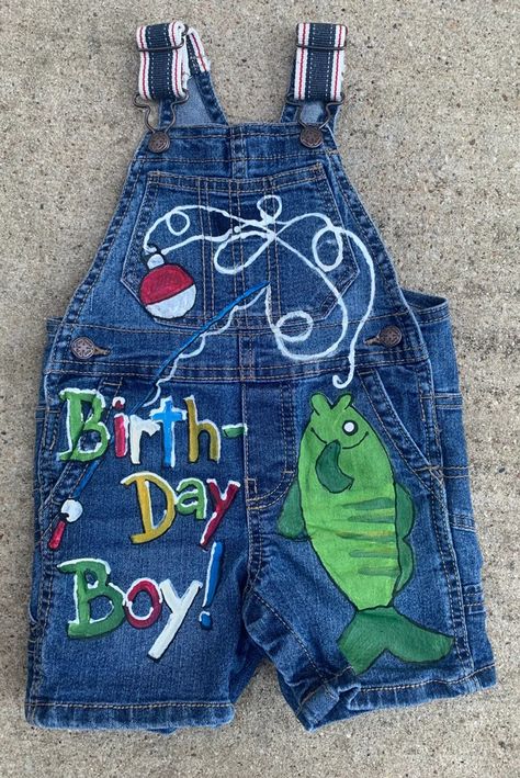 DreaminBohemian - Etsy 1st Birthday Boy Fishing Theme, Baby Boy 1st Birthday Ideas, Ofishally One Birthday, Overalls Design, Painted Overalls, Fishing Themed Birthday Party, Denim Short Overalls, Boys Overalls, Fishing Birthday Party