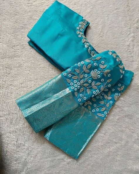 Simple Engagement Blouse Design, Latest Maggam Blouse Designs, Silver Work Blouse Designs For Pattu Sarees, Blouse Designs Latest For Marriage, Maggam Blouse Designs, Latest Maggam Work Blouses, Blouse 2023, Blue Blouse Designs, Maggam Blouse