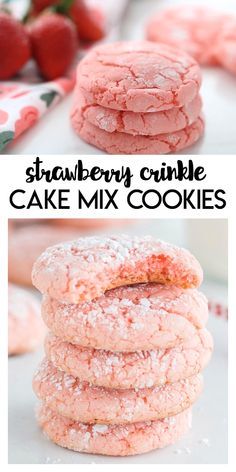 Strawberry Crinkle Cookies, Strawberry Cake Mix Recipes, Crinkle Cake, Strawberry Cake Mix Cookies, Strawberry Cake Mix, Cake Mix Cookie Recipes, Crinkle Cookies, Work Diy, Vegan Kitchen