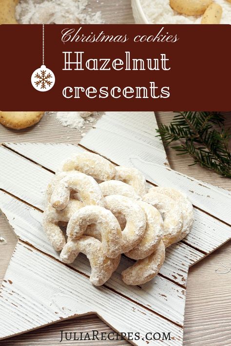 These tender and decadent Hazelnut crescents will melt in your mouth, promised!!! Once you will try these, you will never bake anything else for Christmas. Find the full recipe and tips how to make Hazelnut crescent on www.juliarecipes.com Hazelnut Recipes Desserts, Granulated Sugar Icing, Hazelnut Recipes, Traditional Christmas Cookies, Crescent Cookies, Cultural Food, Hazelnut Cookies, Cute Christmas Cookies, Big Crowd