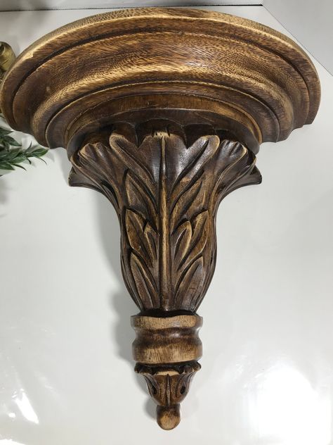 Vintage hand carved wall sconce, Vtg wooden large 14" wall sconce, Vtg ornate carved wood wall decor sconce, carved wood shelf wall decor by GypsiesOutWest on Etsy Carved Wood Wall Decor, Shelf Wall Decor, Wooden Light Fixtures, Wall Scones, Vintage Wall Sconces, Decorative Wall Sconces, Wooden Light, Lighting Concepts, Shelf Wall