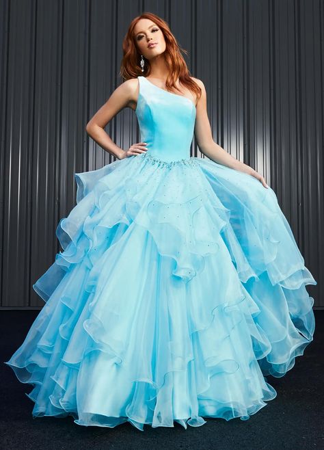 Layered Skirt Prom Dress, One Shoulder Ball Gown, Ruffle Ball Gown, Hankerchief Skirt, Organza Frocks, Ball Gown Elegant, Blue Frock, Full Gown, Net Gowns