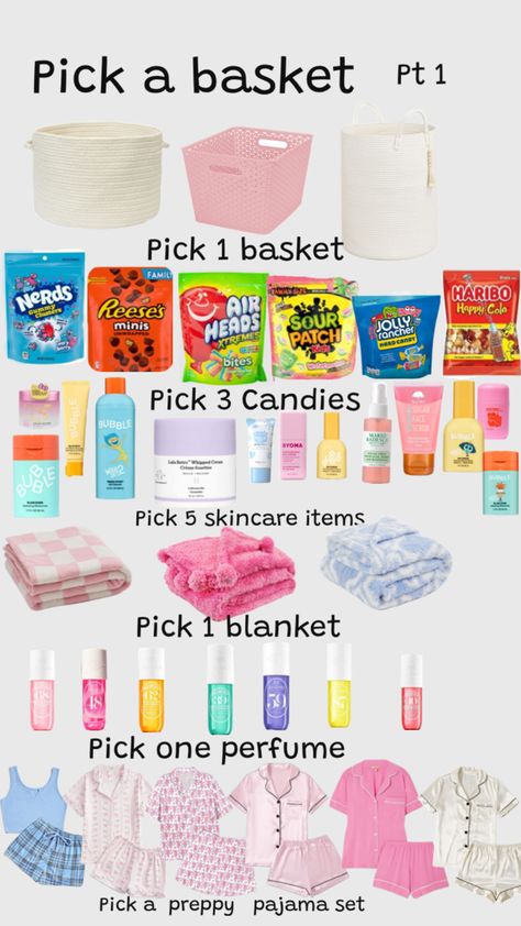 I’ve had an idea on to make one of these everyone on Pinterest has been making so started making them so I made one myself and this is just the part one of it Sleepover Basket, Fun Sleepover Activities, Making A Gift Basket, Girly Christmas Gifts, Preppy Gifts, Cute Gifts For Friends, Sleepover Things To Do, First Perfume, Sleepover Activities