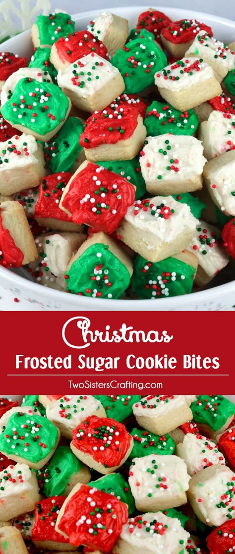 Christmas Sugar Cookie Bites - these yummy Christmas Treats are so easy to decorate that even the youngest family member can join in on the fun.  They are a super delicious bite-sized taste of sugar cookie and creamy buttercream frosting.  You'll definitely want to add these Christmas Cookies to your Christmas Baking List this year!  Pin this colorful and festive Christmas dessert for later and follow us for more great Christmas Food Ideas. Sugar Cookie Bites, Brownie Vegan, Christmas Sugar Cookie, Yummy Christmas Treats, Cookie Bites, Coconut Dessert, Desserts Christmas, Xmas Cookies, Christmas Sugar Cookies