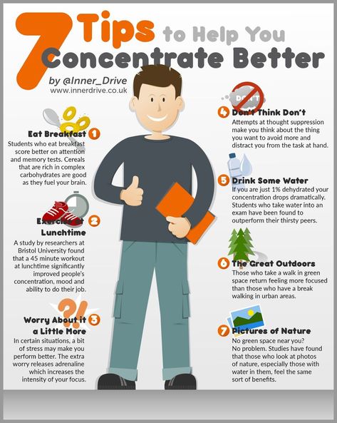 7 Tips to Help You Concentrate Better #studytips #study #tips #science Concentration Activities, Mind Training, Studie Hacks, Acting Lessons, Increase Memory, Effective Study Tips, Exams Tips, Study Techniques, Info Graphic