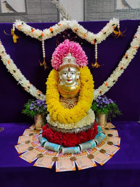 Ideas for sravana masam Sravana Masam Decoration, Saraswati Images, Diy Flower Decorations, Varalakshmi Decoration, Varalaxmi Pooja Decoration, Flower Wall Decor Diy, Pooja Decoration Ideas, Lakshmi Puja, Kalash Decoration