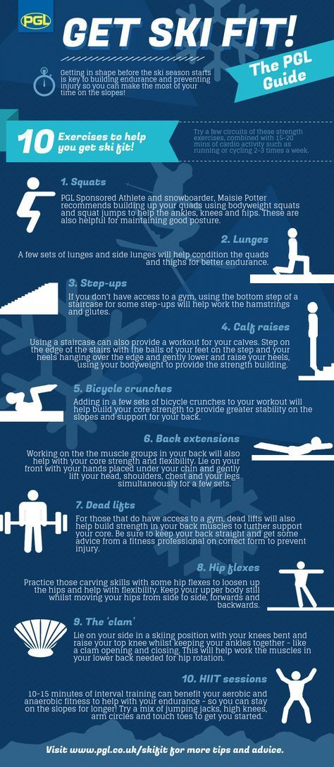 Here are 10 exercises to help get your group ski fit and ready to hit the slopes! #skifit #ski #pglski #toptip #exercise #exerciseforski #schoolski #skitrip #schoolskitrip Workouts For Snowboarders, Snowboard Workout Training, Ski Conditioning Workouts, Workouts To Prepare For Skiing, Ski Exercises Training Workout, Ski Fitness Workout, Ski Season Workout, Skiing Exercises Training, Ski Prep Workout