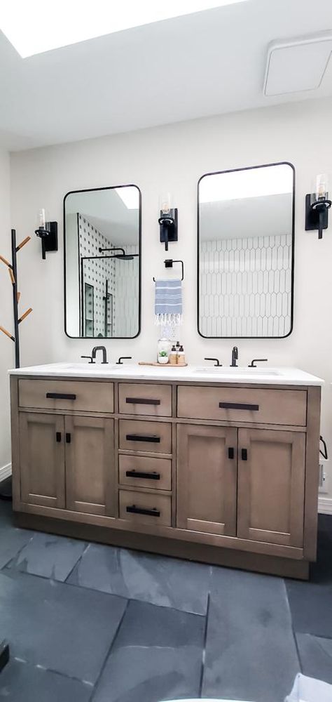 Master Bathroom Complete Renovation! - Made In Casita Hickory Cabinets Bathroom, Hickory Vanity Bathroom, Hickory Bathroom Cabinets, Hickory Bathroom Vanity, Hickory Vanity, Hickory Bathroom, Modern Farmhouse Remodel, Vanity In Bathroom, 2024 Bathroom