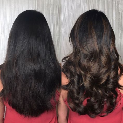 Partial Brown Balayage On Black Hair, Dark Hair Lowlights Black, Highlight Bayalage Brunette, Black Hair To Balayage Before And After, Dimension Dark Brown Hair, Dark Brown Hair With Subtle Balayage, Partial Bayalage For Dark Brown Hair, Dark Brown With Dimension Hair, Darkest Brown Hair Balayage