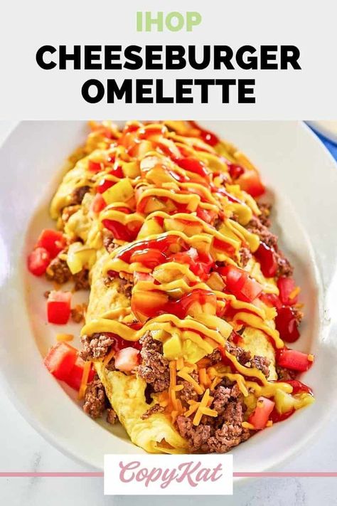 IHOP Cheeseburger Omelette is loaded with ground beef, cheddar cheese, and hashbrowns. Get the easy copycat recipe and find out how to make the best cheeseburger omelette for breakfast or brunch. This hearty omelet has all the flavors of a cheeseburger with fries. Ihop Omelette, Ihop Food, I Hop Pancake Recipe, Frozen Hashbrowns, Restaurant Inspired Recipes, Omelets Recipe, Leafy Salad, Omelette Recipe, Copykat Recipes