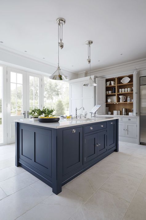 Decorating with Navy Blue - Town & Country Living Tom Howley Kitchens, Marble Kitchen Counters, Kitchen Revamp, Blue Kitchen Island, Navy Kitchen, Серая Кухня, Blue Kitchen Cabinets, Shaker Kitchen, Grey Kitchens