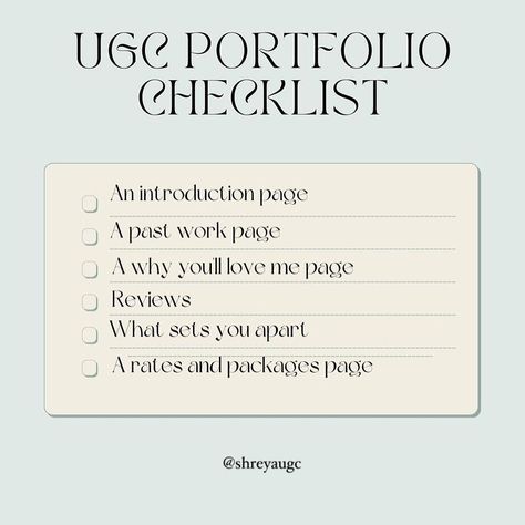 Essential Elements for a Standout UGC Portfolio✨🪄 Here’s your ultimate checklist to build an impressive portfolio: 1. An introduction page: A brief overview of who you are and what you do as a UGC creator. 2. A past work page: Showcase your best UGC content to demonstrate your skills and style. 3. A “why you’ll love me” page: Highlight your unique qualities and what makes working with you beneficial. 4. Reviews: Display testimonials from previous clients to build credibility. 5. What set... Introduction Page, Ugc Content, 2 A, Love Me, Portfolio, The Creator, Quick Saves