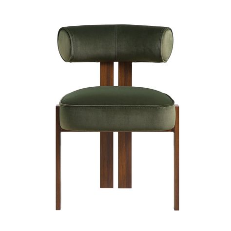 DESCRIPTIONS Combining sumptuous moss green velvet touch upholstery and walnut wood effect frame, our Ophelia dining chair fits seamlessly in your room to create an inviting dining space. Armless design together with the subtly curved backrest and padded seat for a modern classic look. Well-cushioned seat and backrest upholstered in water-repellent velvet touch fabric. Legs and back beams are crafted with mental painted with walnut wooden grain finish for durability. Size: W 49.5 x D 57 x H 73 c Velvet Green Dining Chairs, Dining Chairs Wooden, Villa Furniture, Classic Dining Chair, Berkeley Square, Walnut Dining Chair, Green Dining Chairs, Velvet Dining Chair, White Wings