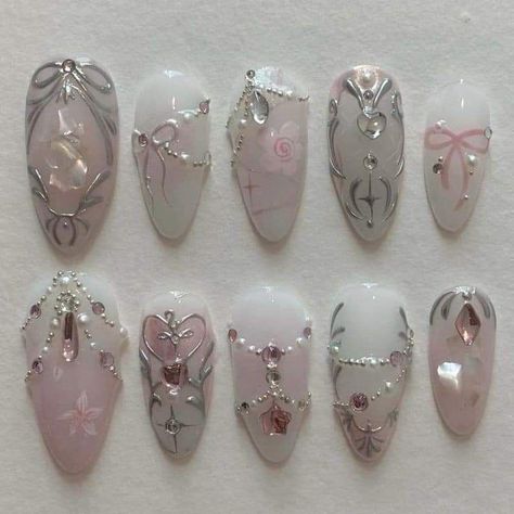 xiaohongshu nails, chinese trendy nails, korean trendy nails, long nails, nail inspo inspiration, nail tech, nail tutorial, cute nails, pretty nails, nail art, birthday nails, kpop nails, trendy nails, nail art, 3d nails Angel Core Nails, Laufey Inspired Nails, Nail Art Birthday, Xiaohongshu Nails, Princess Nail Designs, Nails Chinese, Nana Nails, Nails Kpop, Aesthetic Nail Art