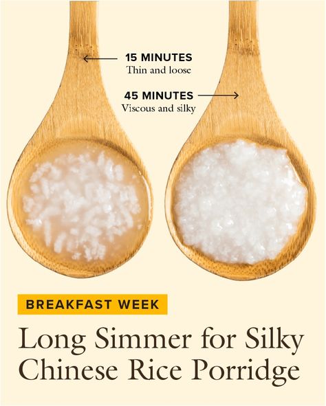 Forty-five minutes might sound like a long time to cook white rice since the grains will be tender much sooner. But don’t be tempted to shortcut the simmer when making Congee (Chinese Rice Porridge): The liquid surrounding the grains should be viscous and glossy, which happens only once the rice has softened completely and released starch into the water. Yummy Videos, Rice Congee, Cooks Illustrated Recipes, Raw Rice, Chinese Rice, Savory Rice, Rice Porridge, America's Test Kitchen Recipes, Cooking White Rice