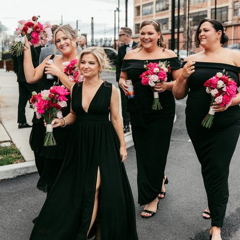 Glamorous weddings are a remarkable opportunity to display the various colors and ideas that our newlyweds bring! When Jenna and Stan proposed the idea of a hot pink, red, and white color scheme, we were all for it! Our beautiful bride and her gorgeous bridesmaids had matching bouquets that stood out with the total white or total black contrast of their dresses! Furthermore, the hot pink boutonnières really added to the outfits of the groom and groomsmen that looked handsome in these picture... Black Bridesmaid Dresses With Bright Bouquets, Black Bridesmaid Dresses Pink Flowers, Hot Pink And Black Wedding, Hot Pink Bridesmaid Dresses, 2026 Wedding, Hot Pink Bridesmaids, Fuschia Wedding, Bridesmaid Bouquet White, Wedding Renewal