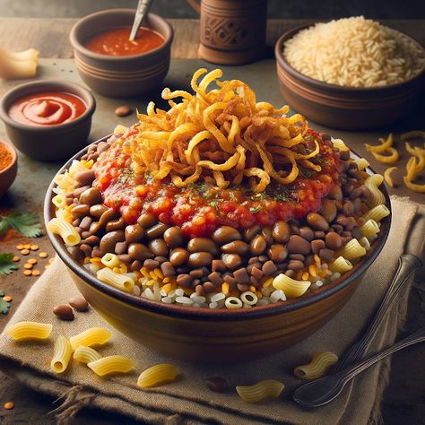 Cooking up Joy - Made with love: Cairo's Comfort: Koshari (Rice with Crispy Onions ... Koshary Egyptian, Koshari Recipe, Canned Lentils, Corn Pasta, Macaroni Pasta, Middle Eastern Dishes, Brown Lentils, Crispy Onions, Fried Onions