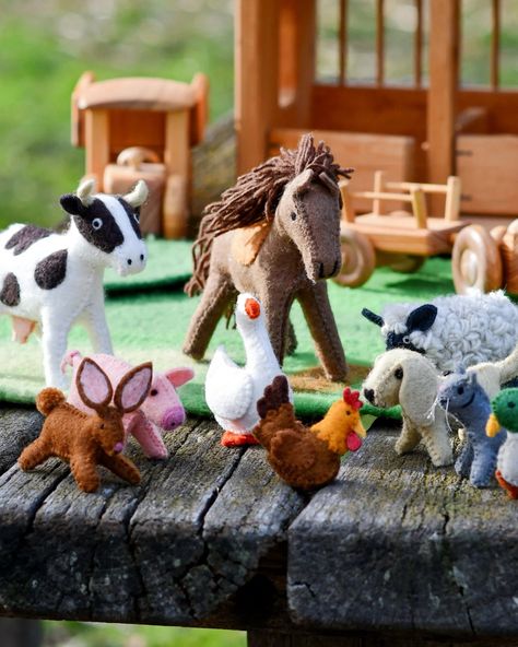 Set of 10 handmade wool felt farm animals Bring the farmyard into your playroom with our delightful Felt Farm Animal Toys Set. Felt Farm Animals Set includes a set of 10 favourite farmyard animals - Cow, Horse, Sheep, Pig, Goose, Dog, Cat, Duck, Chicken and Rabbit. Perfect for imaginative play, this charming collection brings a touch of countryside magic into your home. Lovingly handcrafted by women artisans in Nepal, each toy is made from eco-friendly felt, ensuring a safe and durable play expe Felt Farm Animals, Farmyard Animals, Rabbit Farm, Farm Animal Toys, Cow Horse, Animals Toys, Sheep Farm, Farm Toys, Animal Toys