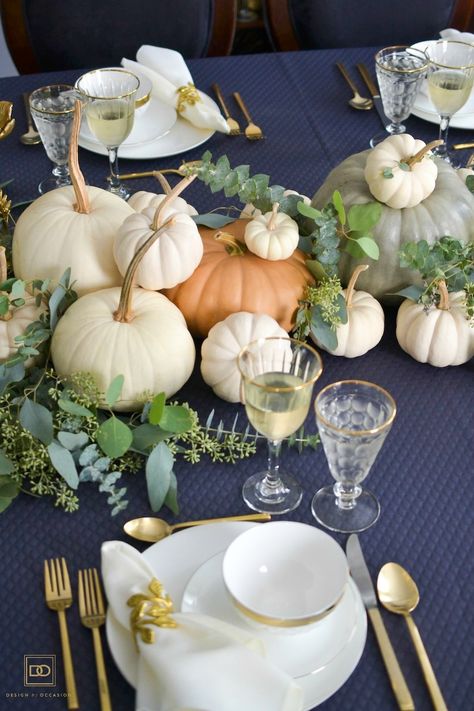 A FALL PUMPKIN TABLESCAPE TO CREATE THIS SEASON | Design by Occasion How To Create A Tablescape, Pumpkin Table Centerpiece, Pumpkin Tablescape, Thanksgiving Table Centerpieces, Grey Pumpkin, Classic Thanksgiving, Instead Of Flowers, Festive Dinner, Easter Garden