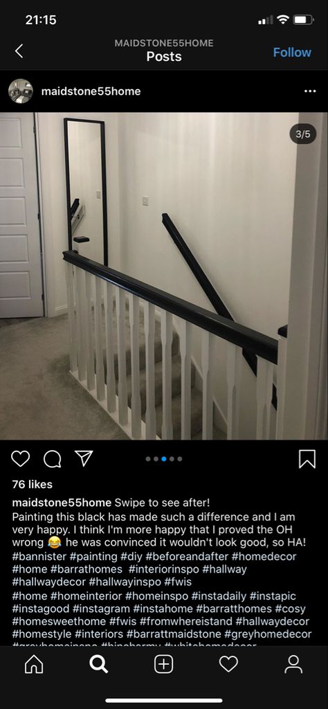 Black Bannister Grey Carpet, Black And White Bannister, Stairway Paint Ideas, Bannister Ideas Painted, Bannister Ideas, Basement Stairway, Black Stair Railing, Landing Ideas, Gray Stairs