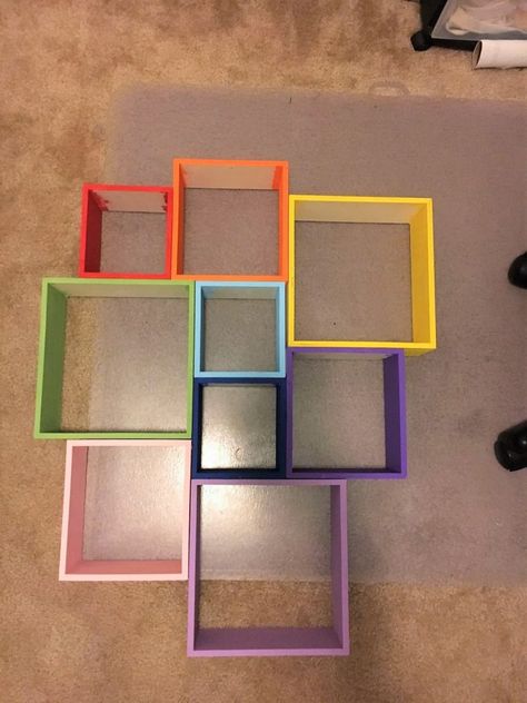 ROYGBIV is all you need » Fantastically Colorful DIY Rainbow Shelves Rainbow Floating Shelves, Rainbow Home Decor Diy, Rainbow High Doll Storage, Rainbow Theme Bedroom Ideas, Diy Rainbow Decorations Room Decor, Rainbow High Bedroom, Diy Unicorn Bedroom Decor, Rainbow House Decor, Pastel Rainbow Bedroom Ideas