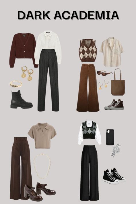 Outfit Inspirations Dark Academia, Fall Outfit Academia, How To Dress Dark Academia In Summer, Dark Academia Cozy Outfit, Light Academia Streetwear, Dark Academia Aesthetic Outfit Gender Neutral, Dark Academia Outfit Ideas For School, Dark Academia Preppy Outfits, Style Inspiration Dark Academia