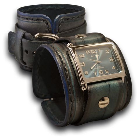 Watches Women Leather, Cuff Watch, Black Hand, Leather Cuffs, Handmade Accessories, Hand Stitched, Blue Leather, Leather Working, Fashion Watches