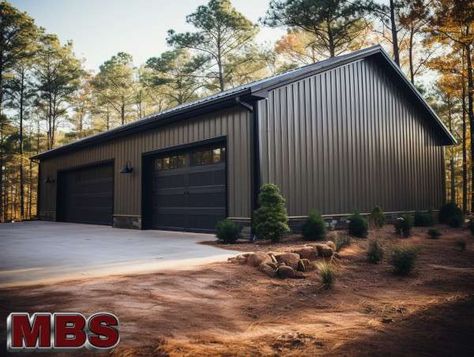 Metal Garage Buildings Ideas, Garage Ideas Exterior, Metal Buildings Garage, Black Steel Building, Pole Barn Garage Doors, 40x80 Shop, Steel Building Garage, Charcoal Metal Building, Metal Building Office