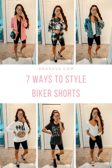 Biker Shorts Outfit Shoes, Cute Outfit With Biker Shorts, Bike Shorts Fall Outfit, Shoes To Wear With Biker Shorts, How To Wear Biker Shorts Casual, Biker Shorts Fall Outfit, Look Biker Shorts, How To Style Biker Shorts Summer, How To Wear Biker Shorts