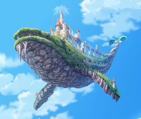 Flying Whale Island Rune Factory, 다크 판타지, Fantasy City, Fantasy Setting, Fantasy Places, Fantasy Monster, Mythical Creatures Art, Fantasy Art Landscapes, Creature Concept Art