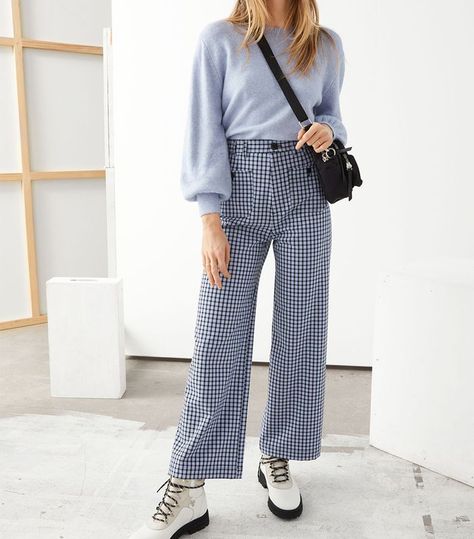 & Other Stories Kick Flare Plaid Trousers Plaid Pants Outfit Women, Blue Plaid Pants, Women High Waist Pants, Semi Formal Attire, Plaid Trousers, Casual Bottoms, Pants Women Fashion, Fashion Bottoms, Blue Checkered