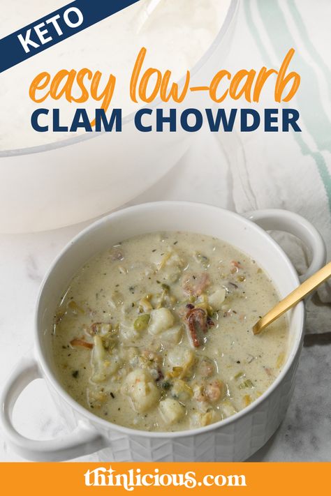 In just under 30 minutes you can cook up the best keto Clam Chowder soup ever! Canned clams are the key to making this recipe super easy and getting dinner on the table quickly. It's so good, your family won't even know it's low-carb! Canned Clam Recipes, Keto Clam Chowder, Canned Clams, Clam Chowder Soup, Keto Soups, Cold Weather Comfort Food, Chicken Bone Broth, Paleo Soup, Italian Sausage Soup