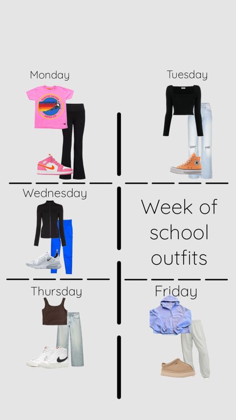 A week of school outfit ideas! #outfitinspo #outfit #outfitcheck #inspo School Outfit Ideas, Outfit Planner, School Week, Outfits For School, Trendy Outfits For Teens, Weekly Outfits, School Fits, Mini Me, School Outfit